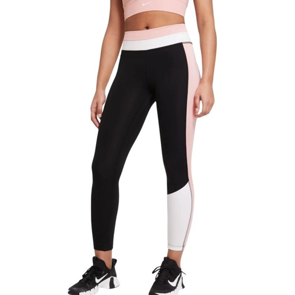 Nike Dri Fit Size L Black Leggings with Pink, Cream & Pale Yellow Colorblock